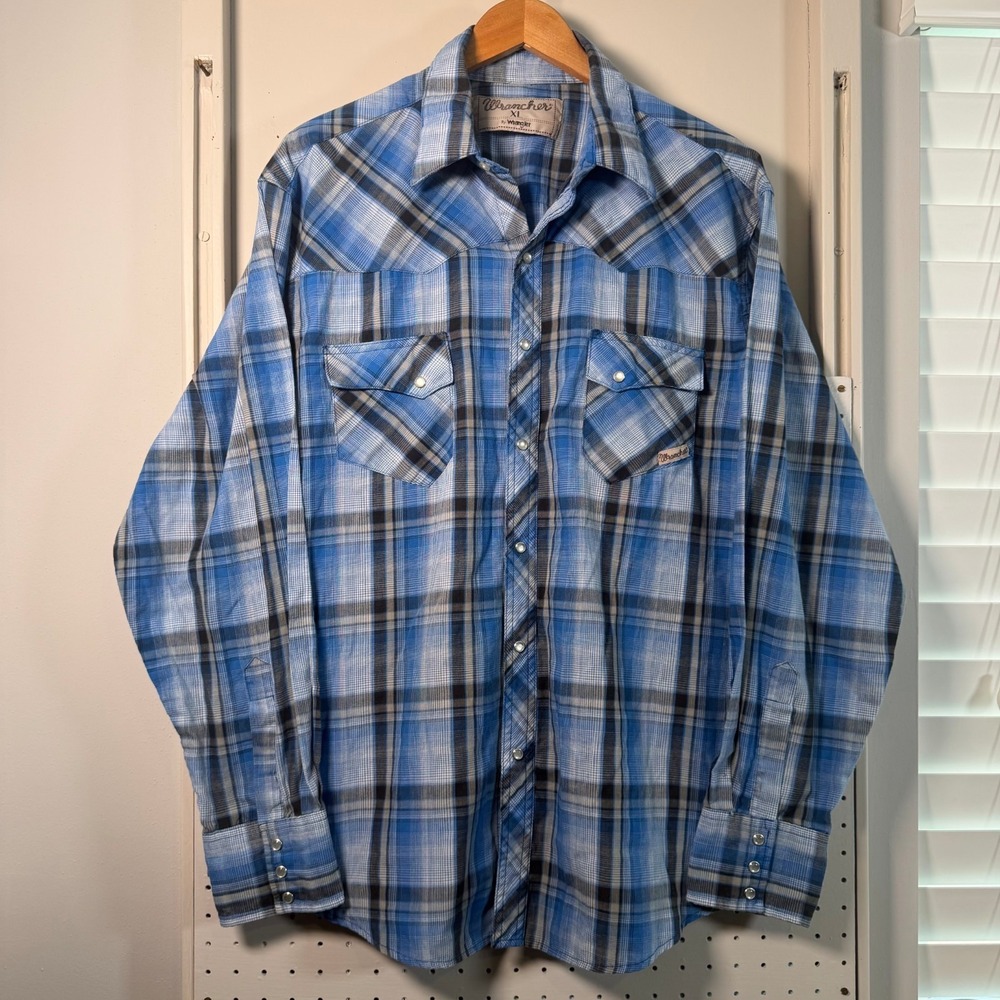 Wrangler Wrancher Western Shirt Mens Blue Plaid Pearl Snap Long Sleeve XL VTG